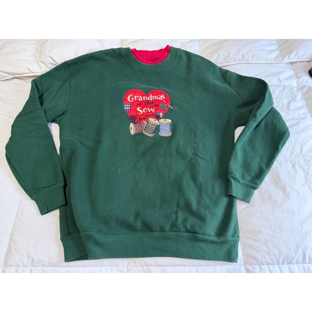 Vintage Grandmas Are Filled With Sew Much Love Green Sweatshirt Red Collar
